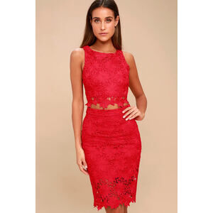 Lulus Look At Me Wow Red Lace Two-piece Dress - Size Small